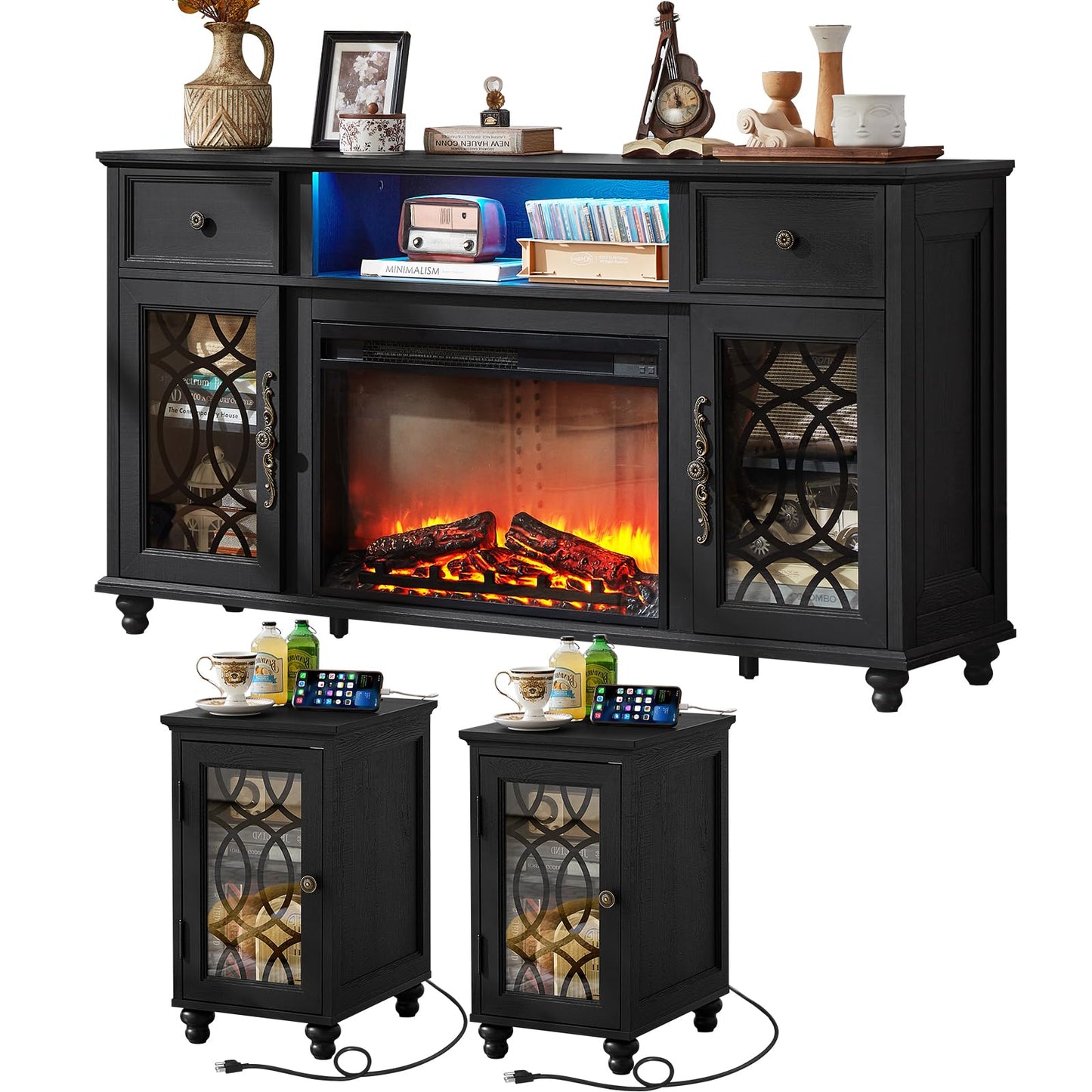 Joaxswe Farmhouse Fireplace TV Stand Sets 3,Side Table with Charger Station | 59" Fire Place TV Stands for Living Room, Entertainment Center Heater for TVs up to 65" with Open Shelves and Drawers, Blue