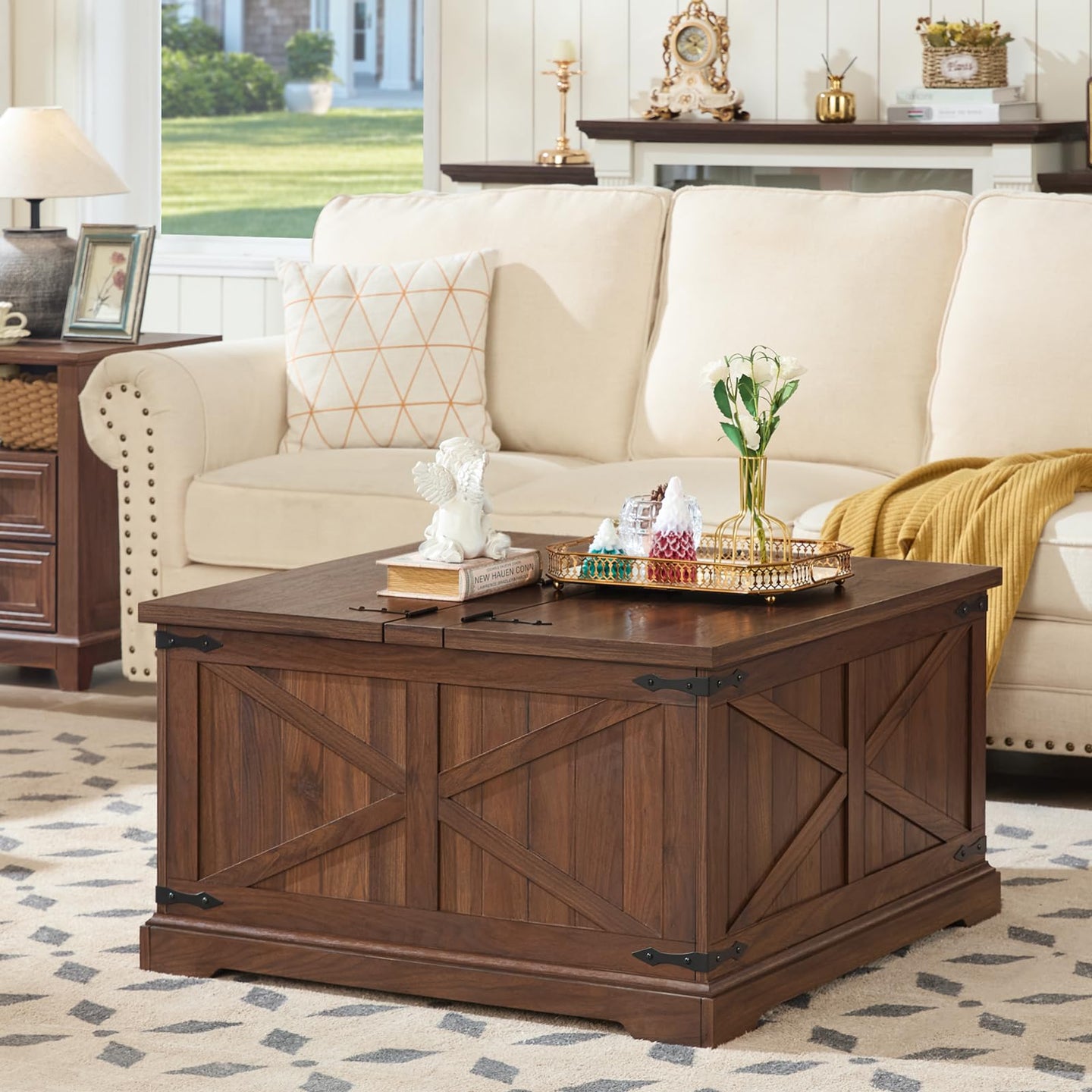 Brown walnut farmhouse coffee table with flip-top lid and hidden storage