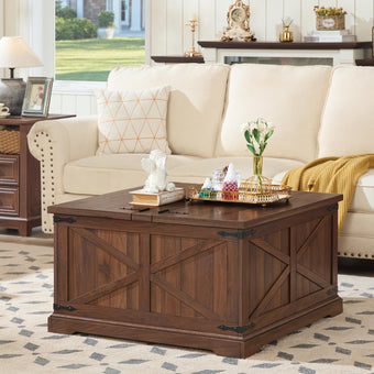 compare product Joaxswe Farmhouse Coffee Table with Hidden Storage,Large Square Center Table for Living Room,Retro Cocktail Tables with Flip-Top Lids, Farm House Tables with Wooden Gourd Feet for Home,Brown Walnut