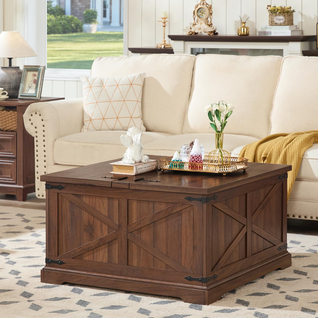 Coffee table with hinged lift top and hidden storage, dark brown wood, square base
