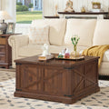 Coffee table with hinged lift top and hidden storage, dark brown wood, square base