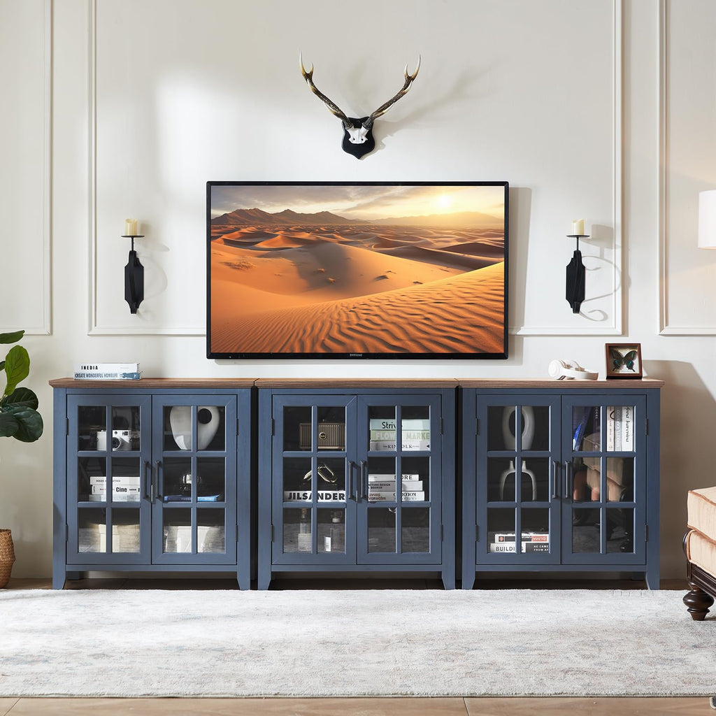 Blue sideboard buffet cabinet with four glass doors and dark tabletop surface