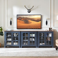 Blue sideboard cabinet with wood tabletop and four glass-door compartments