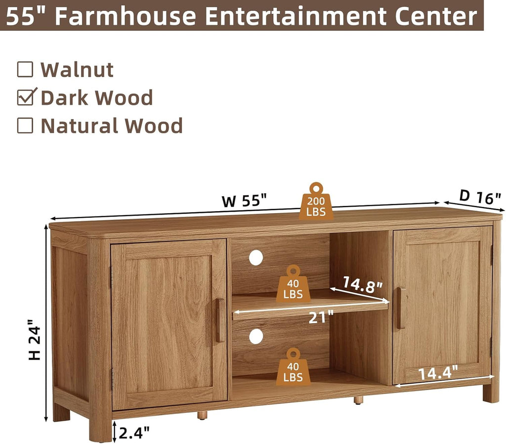 Dark wood TV stand with two doors and open center, showing width and height diagram