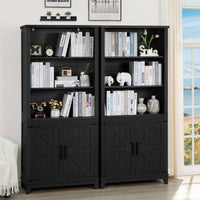 Joaxswe 70in Tall Bookshelf 5 Tier Bookcase with Barn Doors and Adjustable Shelves, Blue Farmhouse Book Shelf with Storage Cabinet, Wood Freestanding Display Bookshelves for Bedroom, Living Room