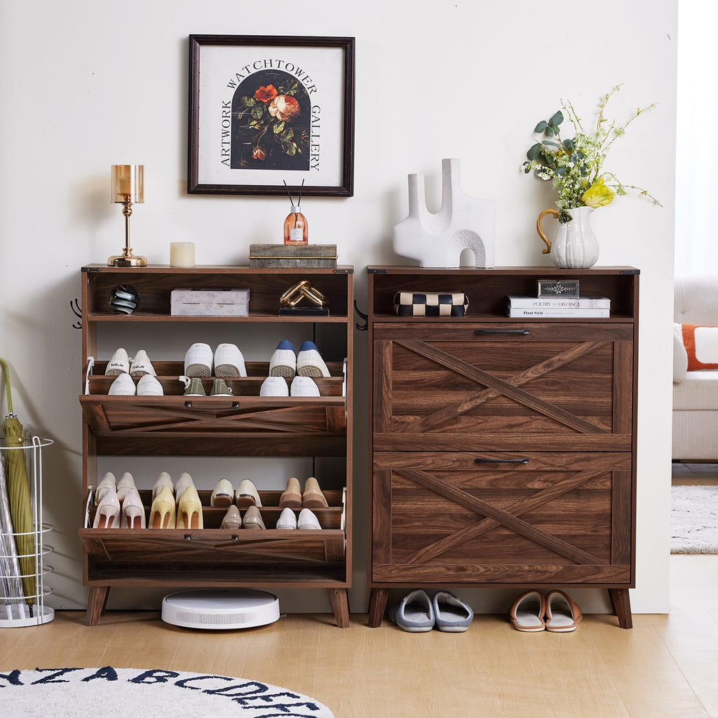 Shoe storage cabinet with open racks and flip drawers, rustic brown wood