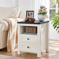 White bedside nightstand with two drawers and open shelf storage