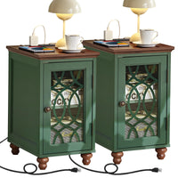 Green bedside end table set with glass cabinet doors and charging cords at base