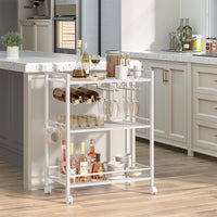 White bar cart with 3 tiers, wine rack, glass holder, and rolling base wheels