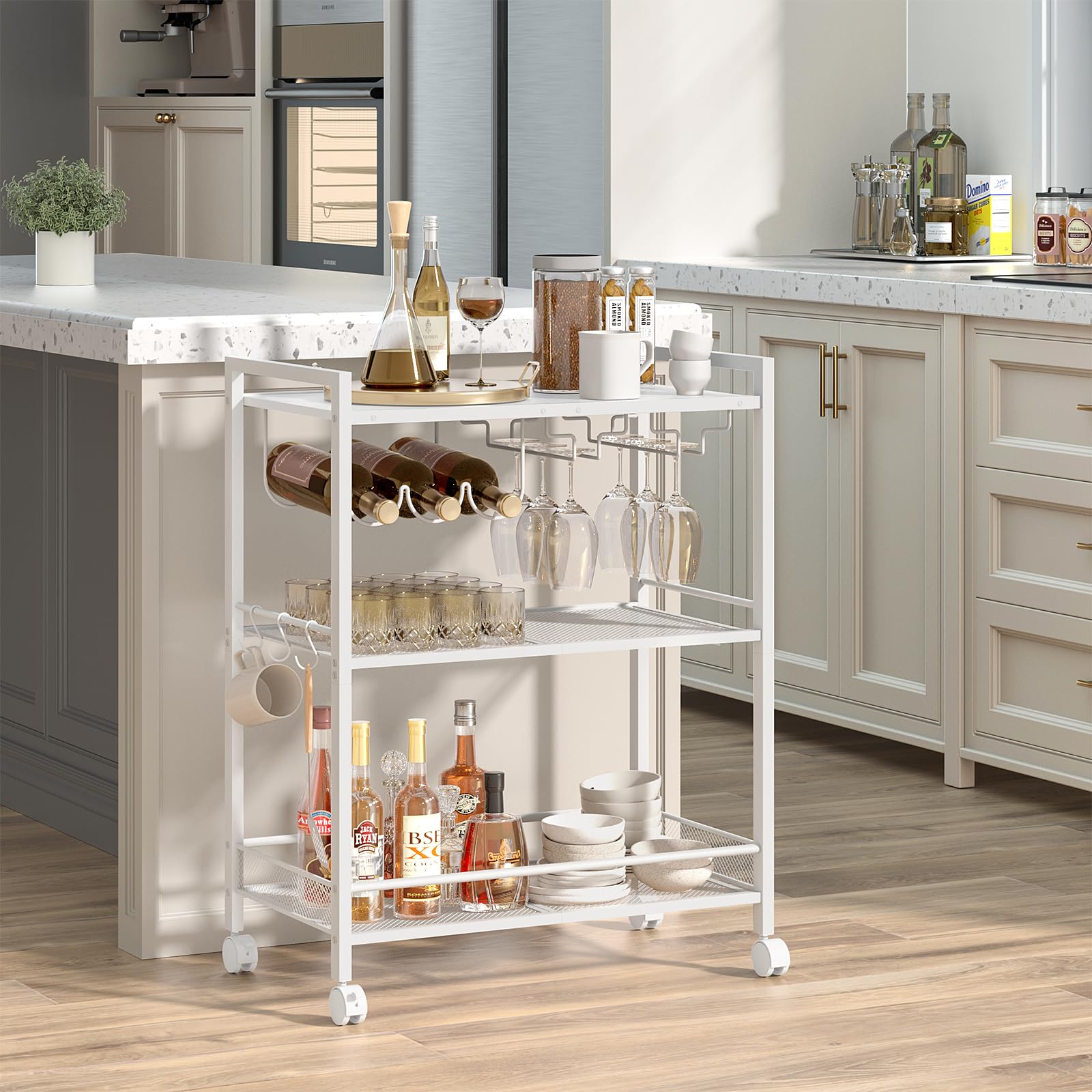 Bar Cart, Home Bar Serving Cart with 3-Tier Shelf,Microwave Cart with Lockable Wheels,Mobile Kitchen Shelf,Rolling Beverage Cart with Wine Rack and Glass Holder for Kitchen,Dinning Room,Gold