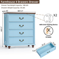 Blue farmhouse dresser with four drawers, gold-tone knobs, and anti-tipping device shown