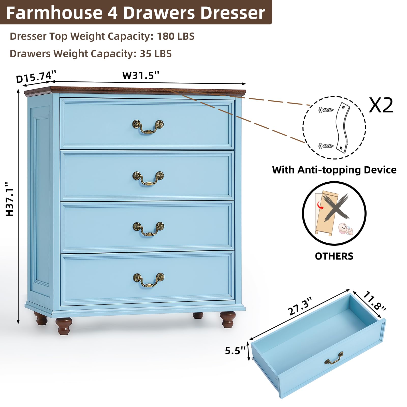 Blue dresser with four drawers, antique brass handles, and turned wooden feet