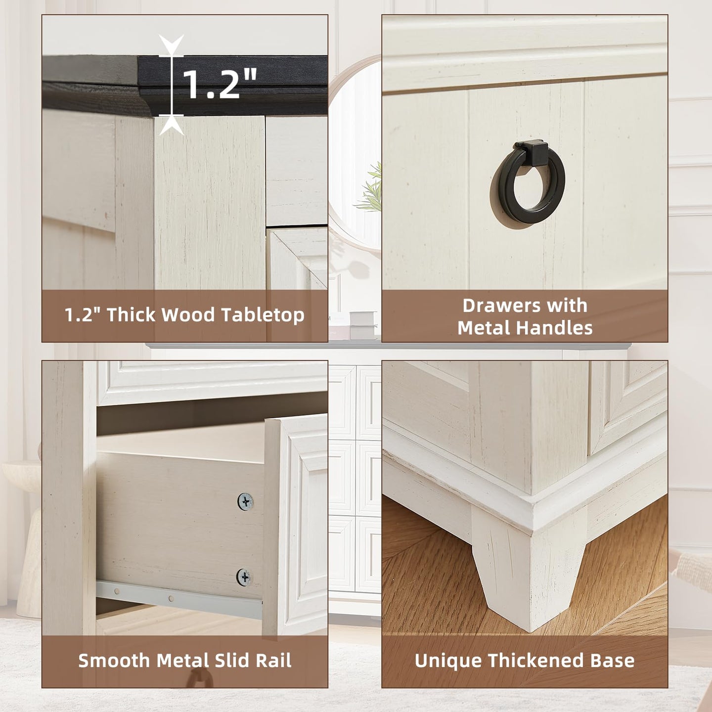White wood dresser features thick tabletop and metal drawer handles with smooth sliding rails