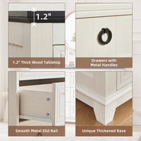 White wood dresser features thick tabletop and metal drawer handles with smooth sliding rails