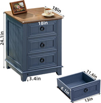 Navy 3-drawer nightstand with wood top and metal drawer handles