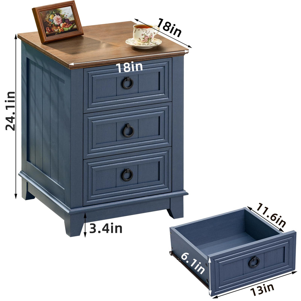 Blue farmhouse nightstand with three drawers and retractable bottom storage
