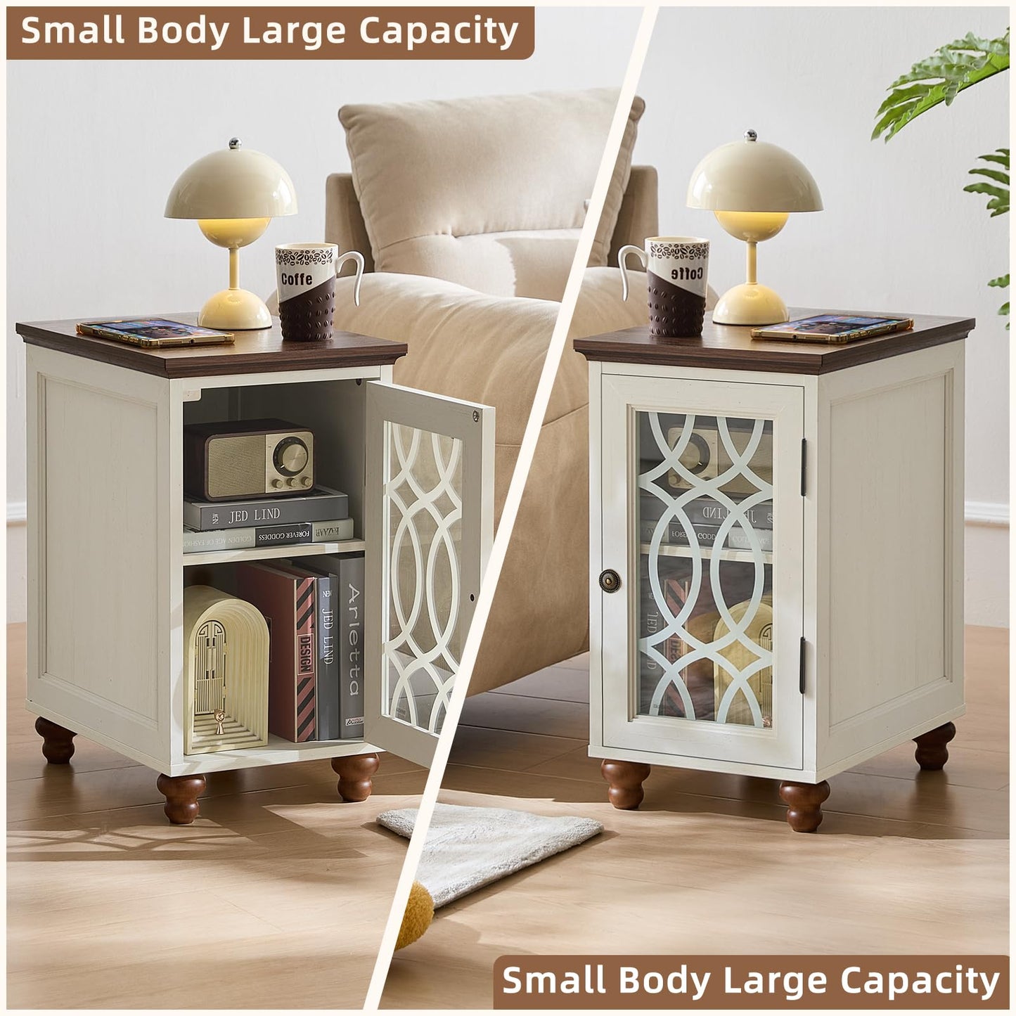 Wood bedside cabinet with glass door and open shelf storage, white finish, turned feet