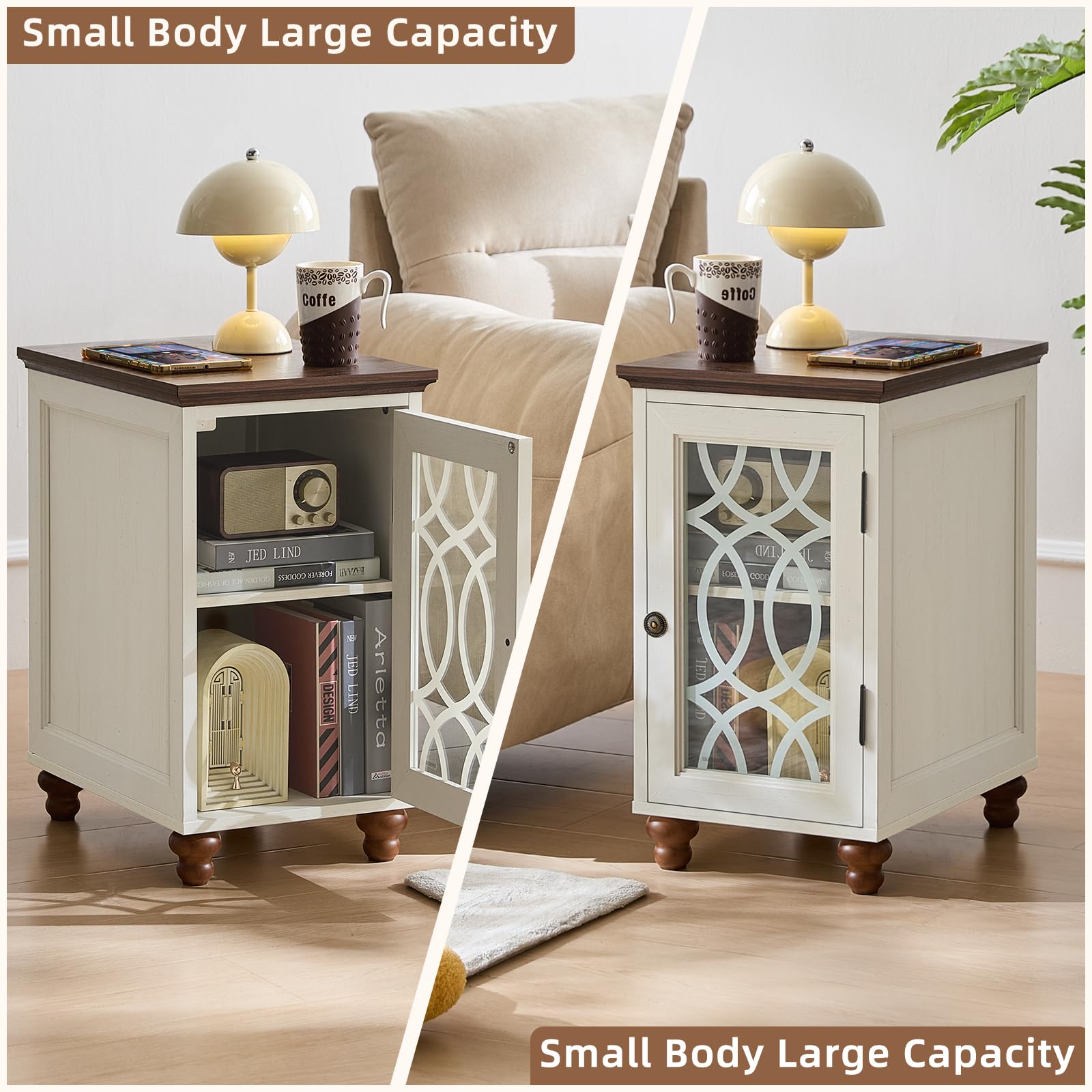 Wood bedside cabinet with glass door and open shelf storage, white finish, turned feet