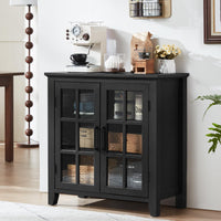 Black sideboard cabinet with glass doors and interior shelving units