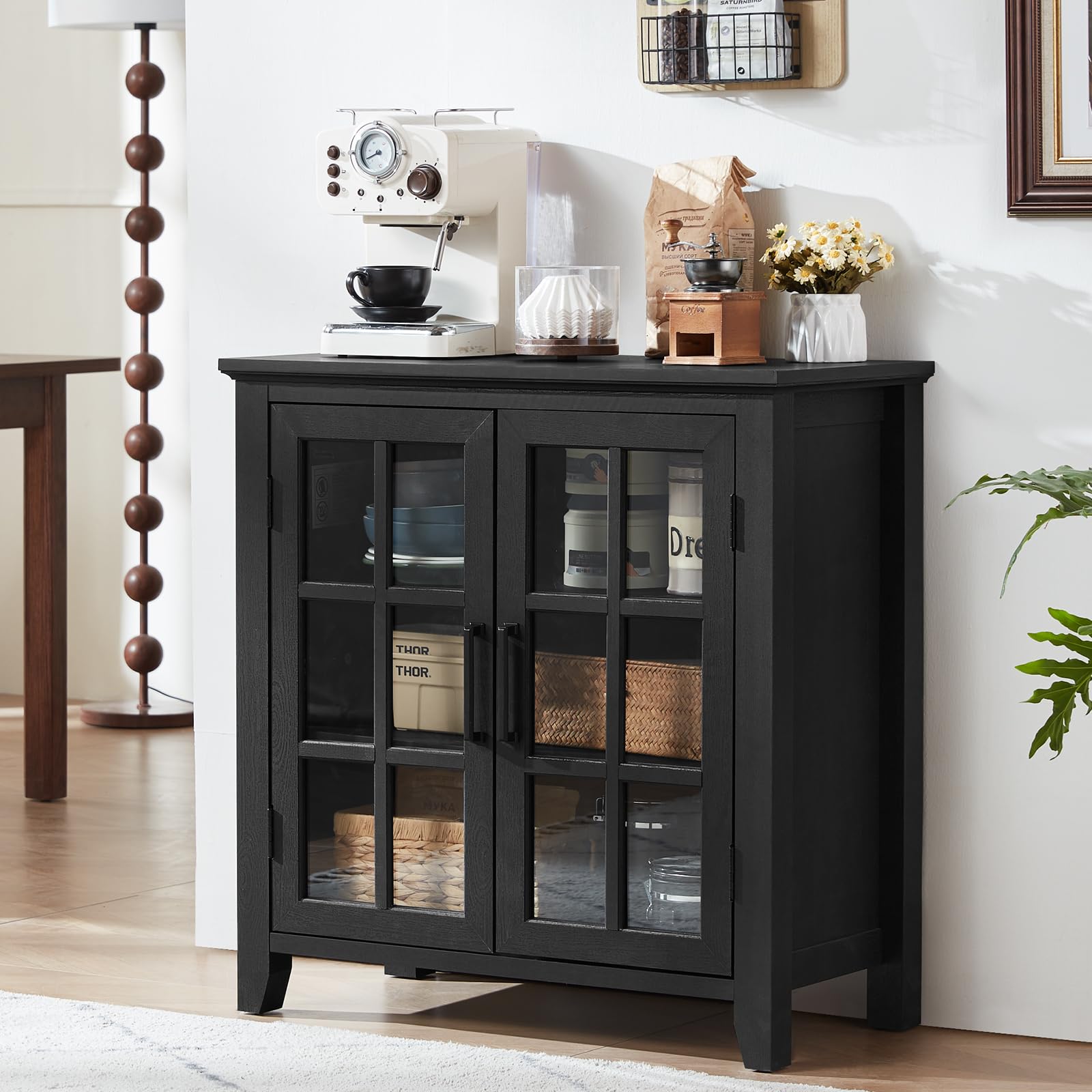 Farmhouse sideboard cabinet with four glass doors, dark black finish, and enclosed storage