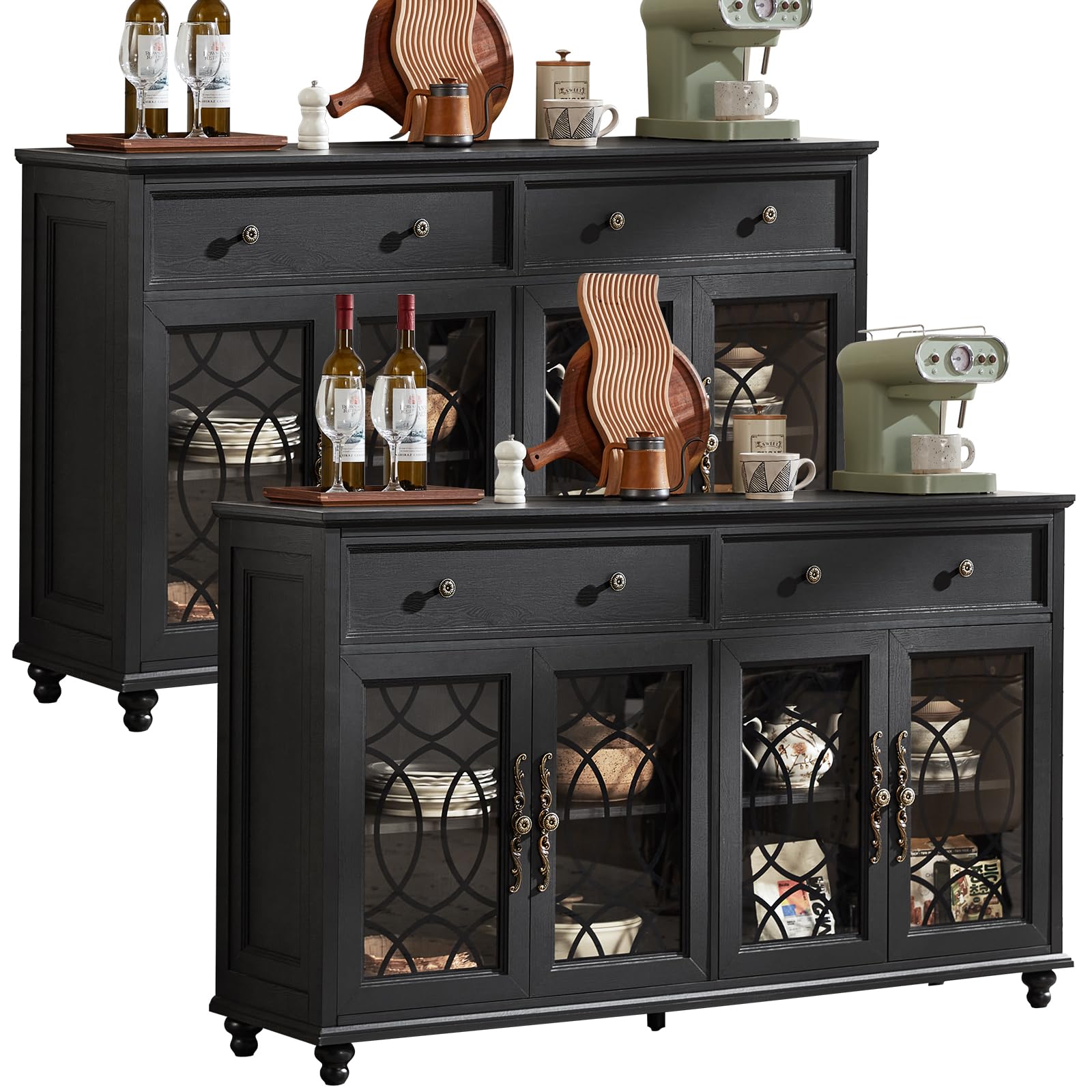 Black sideboard buffet cabinet with four glass doors and two drawers