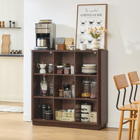 Wooden cube storage book shelf with doorless cubbies for jars, books, and kitchen items