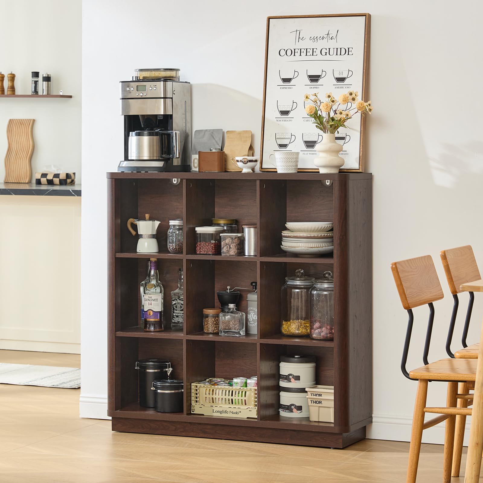 Wooden cube storage book shelf with doorless cubbies for jars, books, and kitchen items