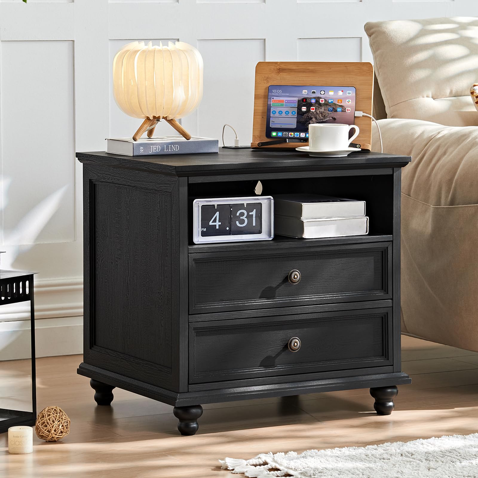 Black 2-drawer dresser with round metal pulls and thick tabletop