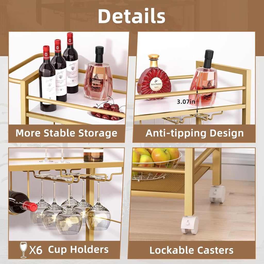 Gold bar cart close-up showing cup holders, anti-tipping design, and lockable caster wheels.