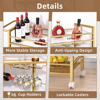 Gold bar cart close-up showing cup holders, anti-tipping design, and lockable caster wheels.