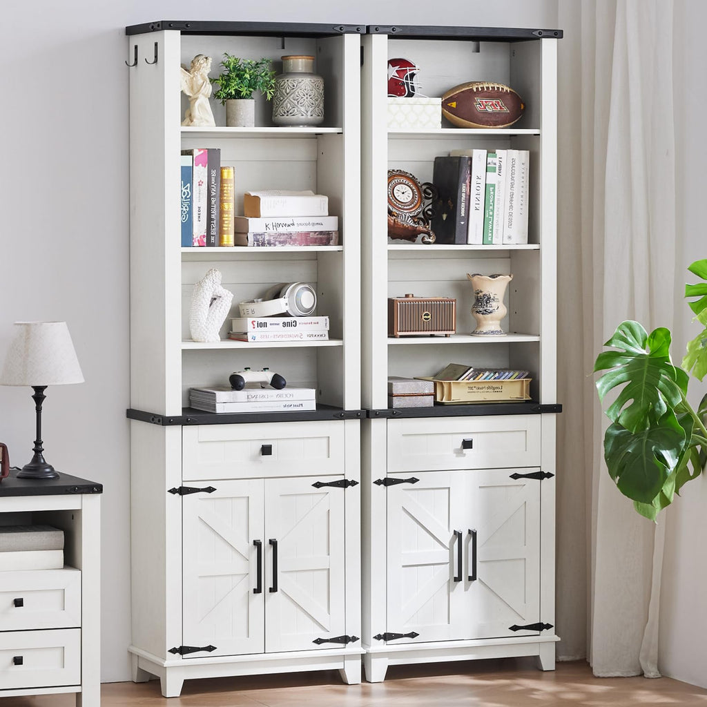 White farmhouse bookcase with open shelving, cabinet doors, and lower drawers