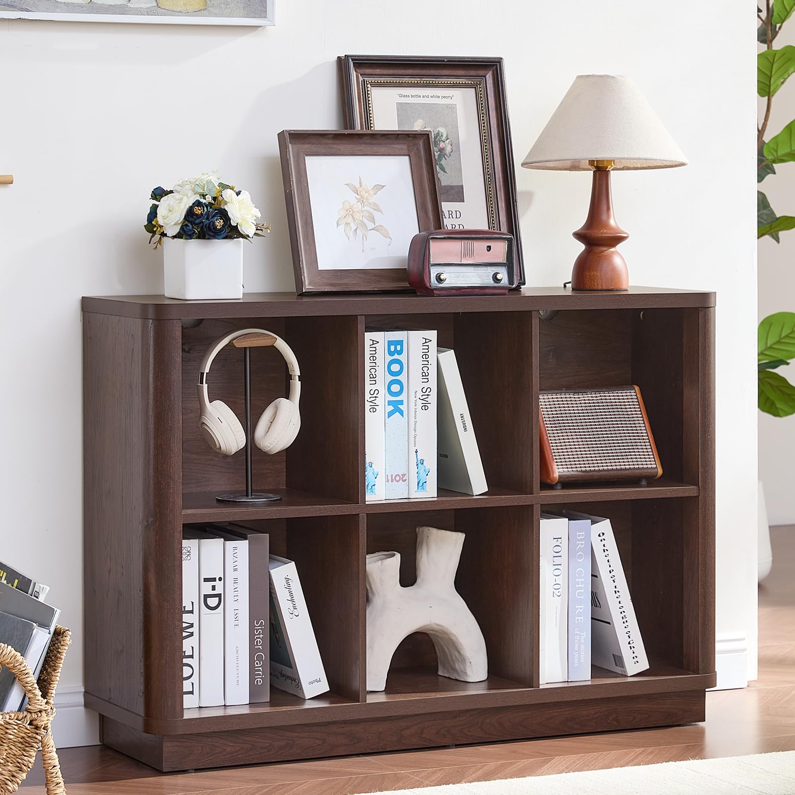 8 Cube Storage Book Shelf, 52" Long Horizontal Bookshelf with Curved Edge, Floor Standing Wooden Cubby Bookcase with Base, Modern Low Console Book Case, TV Stand for Living Room, Natural Oak