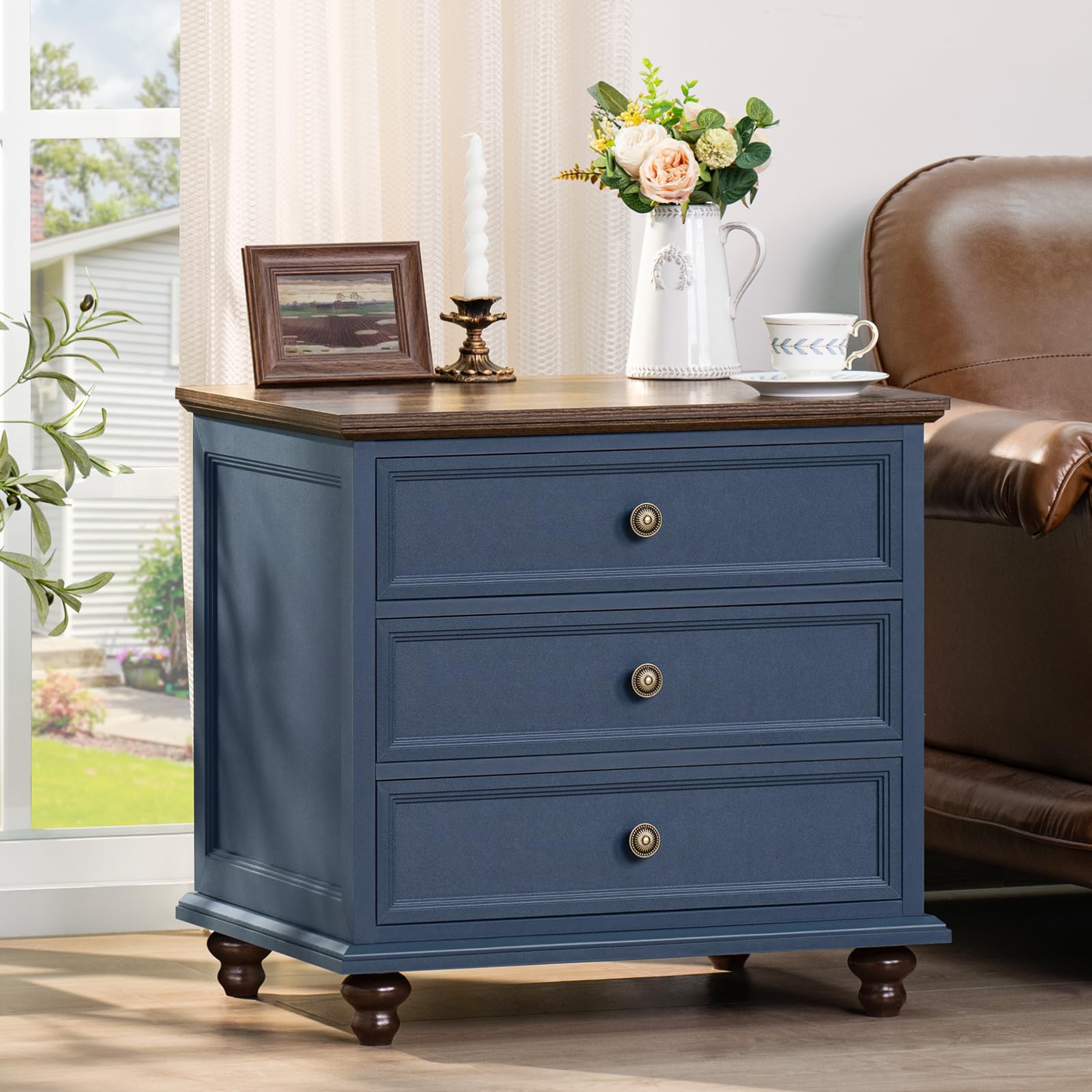 Farmhouse 54" 7 Drawers Dresser for Bedroom, Wide Chest of Drawers w/ 4 Wooden Legs, Vintage Rustic Large Closet Storage Dressers Organizer for Hallway, Wood TV Stand for Living Room, Blue