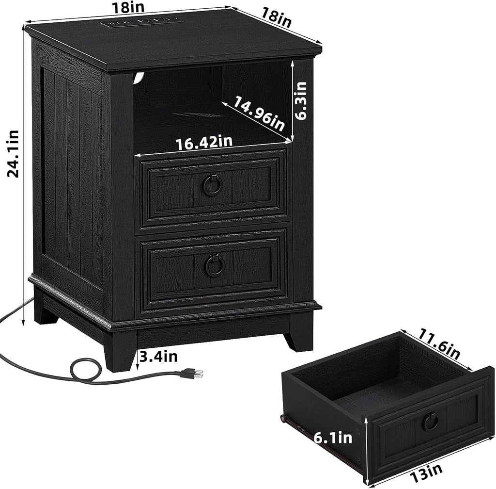 Black wooden nightstand with measurements, two drawers, open front shelf, and power cord