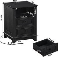 Black wooden nightstand with measurements, two drawers, open front shelf, and power cord