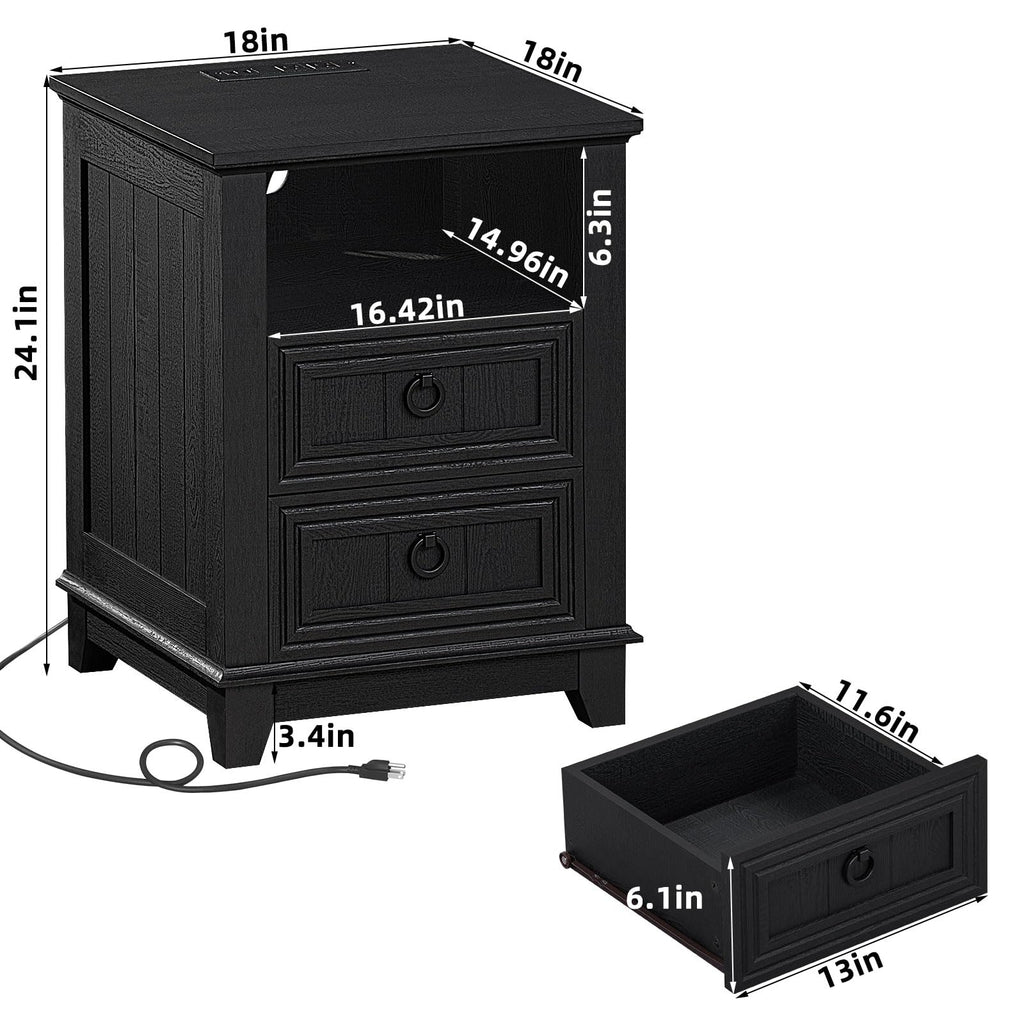 Black nightstand cabinet with 3 drawers and metal knobs, side view with open drawer compartment.