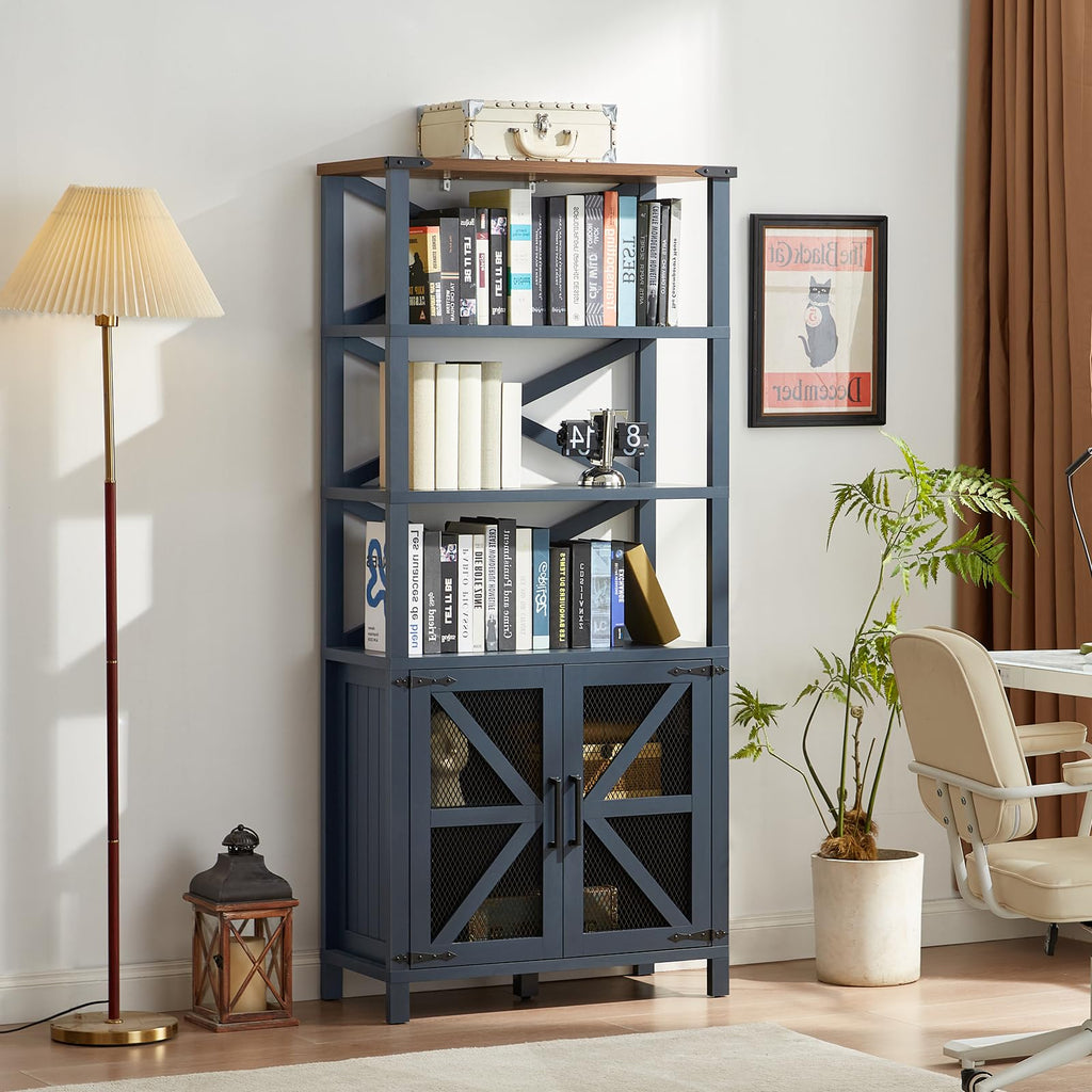 Blue bookshelf with open cubbies and mesh door cabinet below