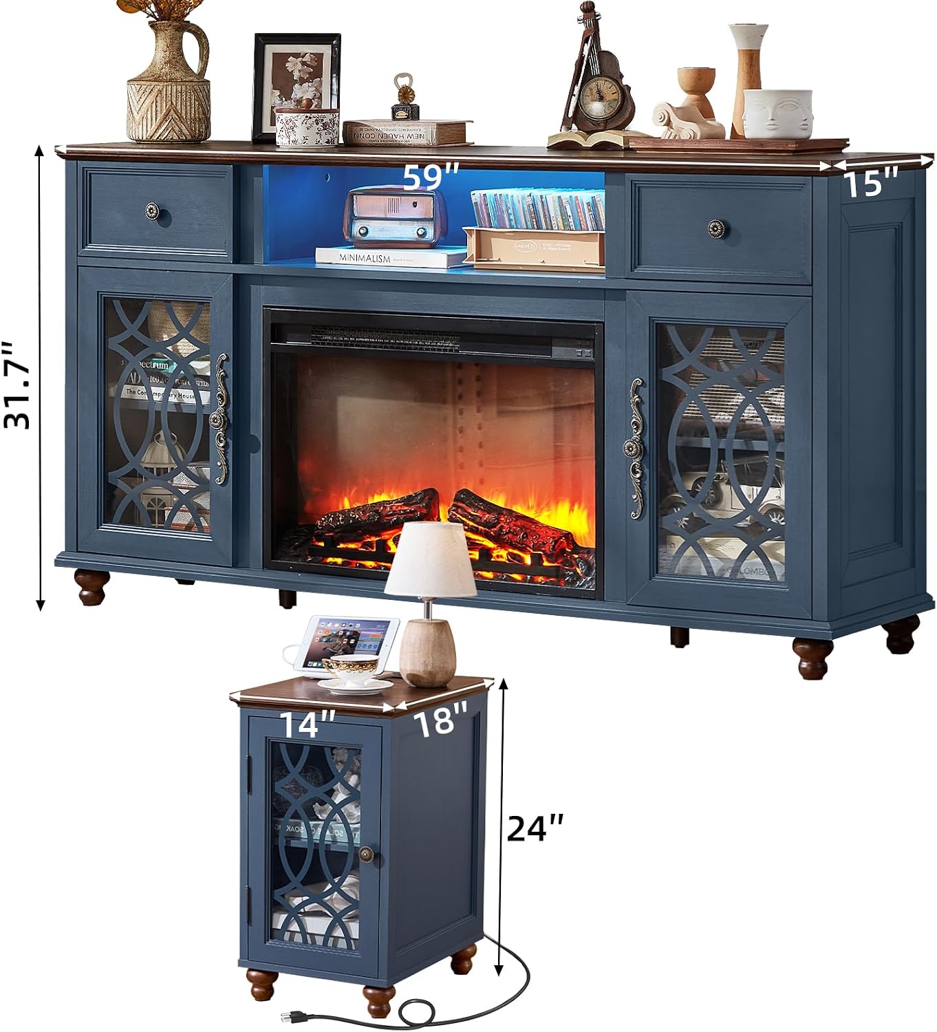 Joaxswe Farmhouse Fireplace TV Stand Sets 3,Side Table with Charger Station | 59" Fire Place TV Stands for Living Room, Entertainment Center Heater for TVs up to 65" with Open Shelves and Drawers, Blue
