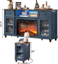 Joaxswe Farmhouse Fireplace TV Stand Sets 3,Side Table with Charger Station | 59" Fire Place TV Stands for Living Room, Entertainment Center Heater for TVs up to 65" with Open Shelves and Drawers, Blue