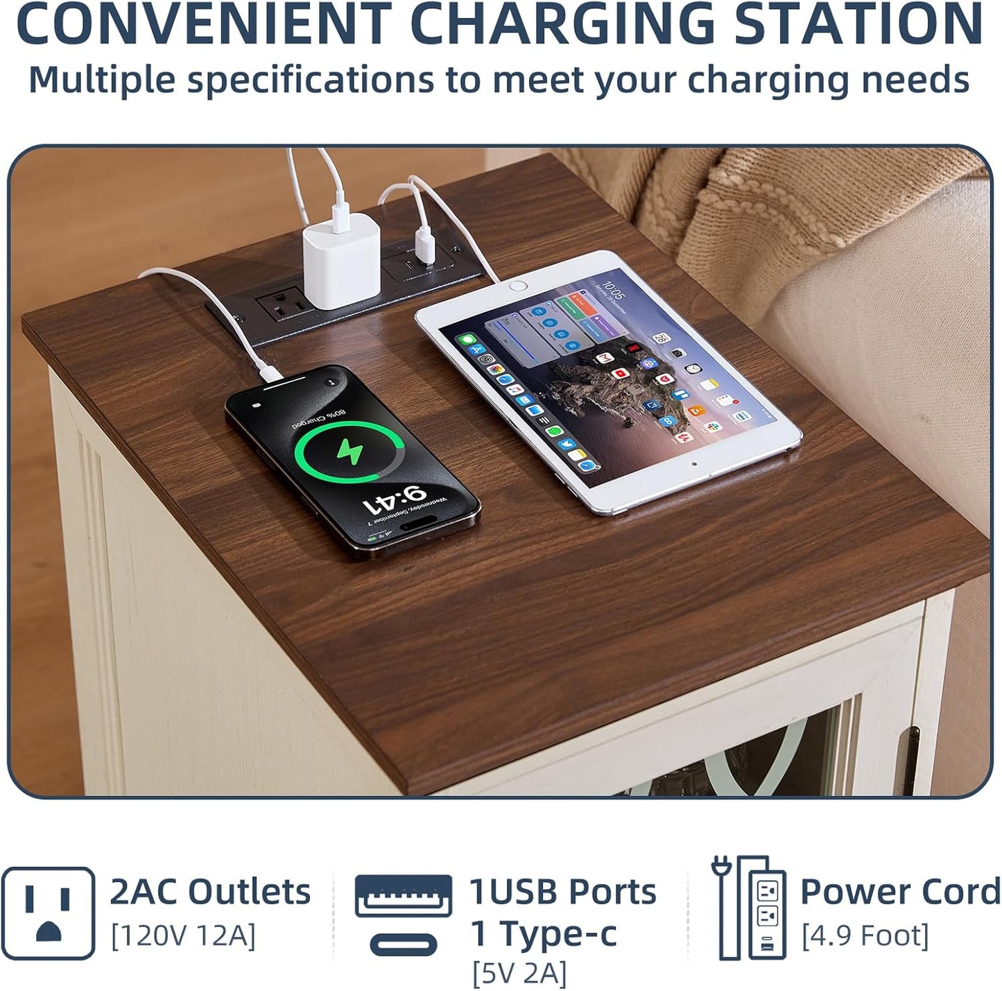 Narrow Side Table with Charging Station, Night Stand with Glass Door, Bedside End Tables with Adjustable Shelf Storage Cabinet,Wood Nightstand for Small Spaces Living Room Bedroom