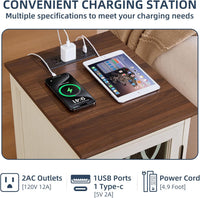 Narrow Side Table with Charging Station, Night Stand with Glass Door, Bedside End Tables with Adjustable Shelf Storage Cabinet,Wood Nightstand for Small Spaces Living Room Bedroom