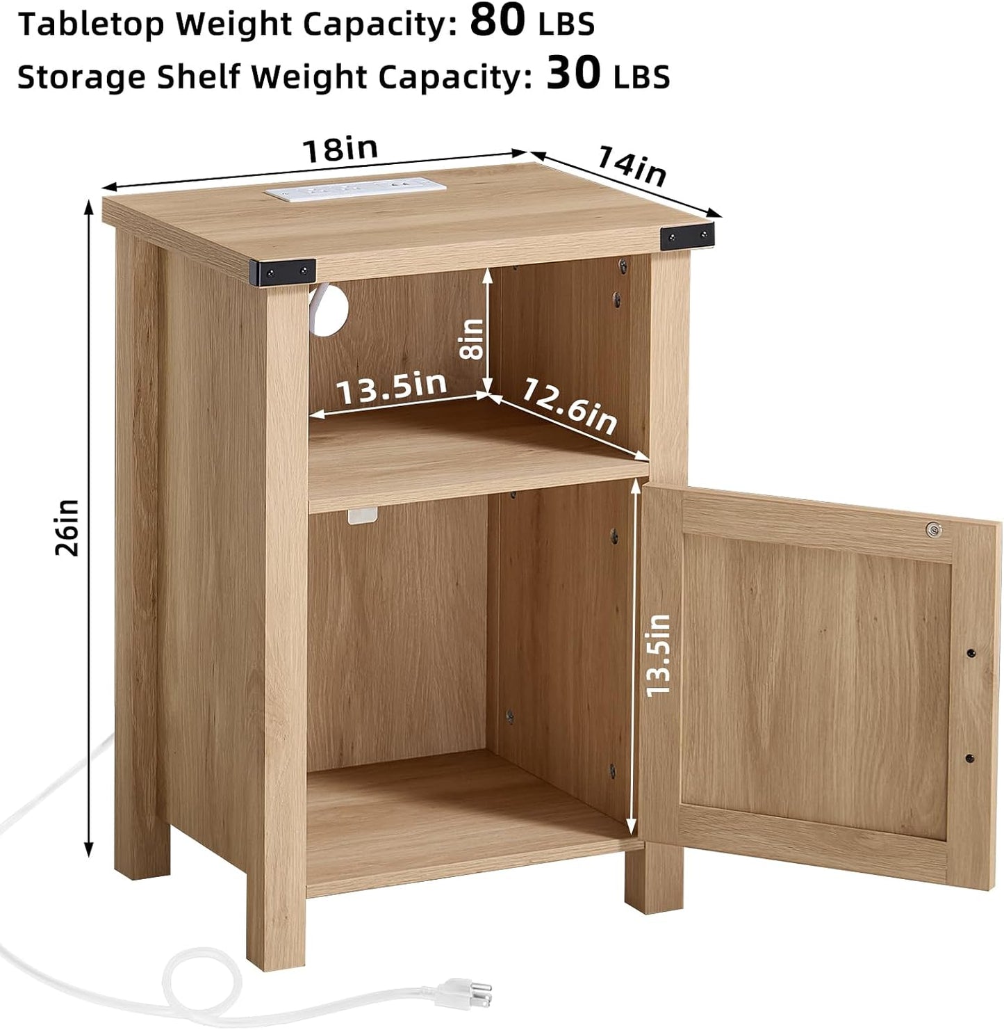 Joaxswe 18-Inch Nightstand with Charging Station and Fluted Door,Dark Blue | 18-inch bedside table with AC and USB charging, open storage and a magnetic fluted door for bedroom essentials