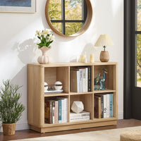 Light oak open cube bookshelf console with multiple cubbies and curved front base