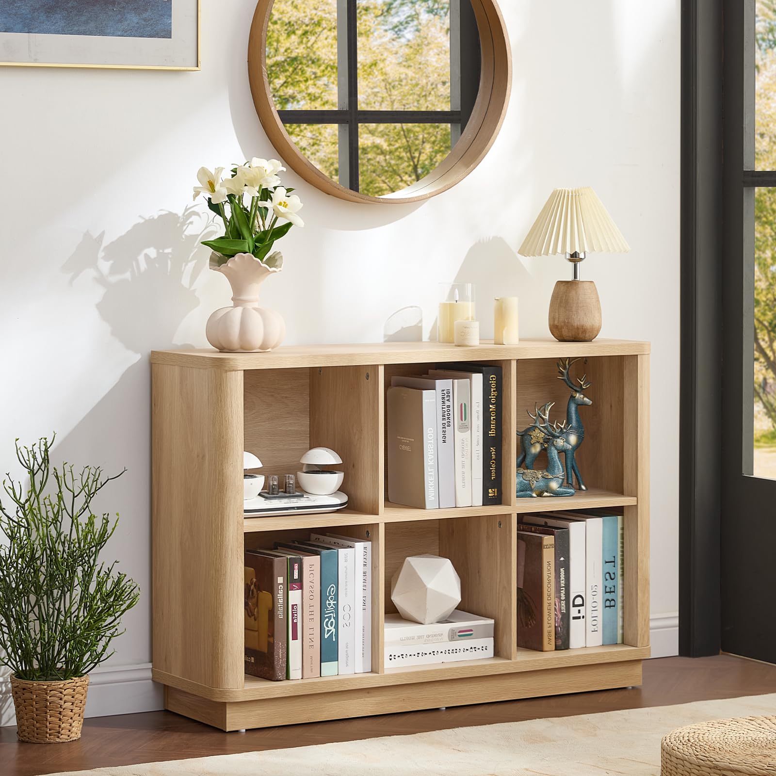 Light oak open cube bookshelf console with multiple cubbies and curved front base