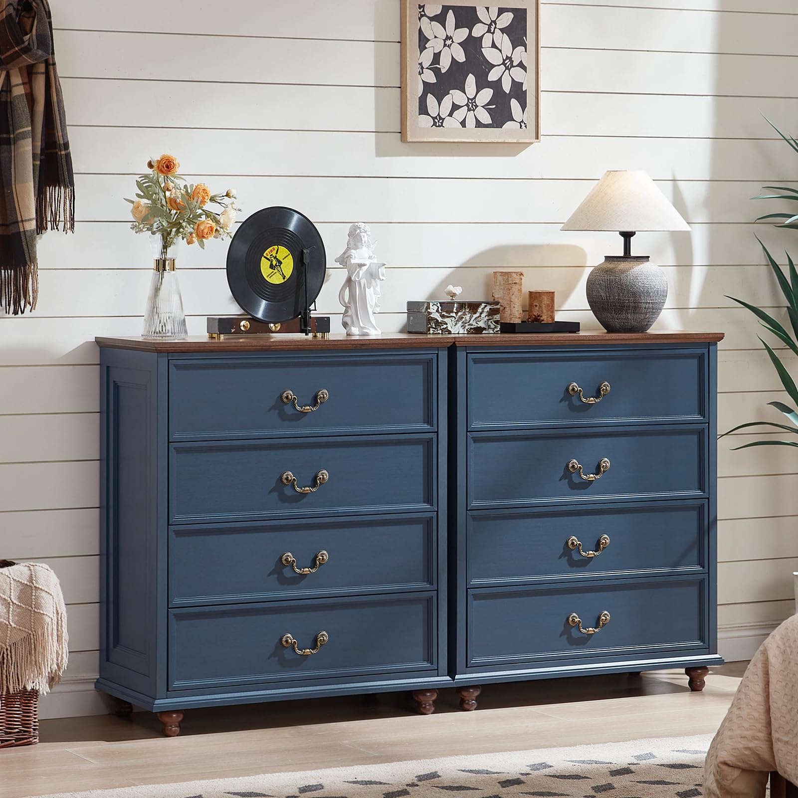 Farmhouse 5 Drawer Dresser for Bedroom, 45" Tall Rustic Chests of Drawers w/ 4 Solid Wood Feet, Mid Century Modern Wooden Closet Storage Dressers Organizer for Living Room, Hallway, Navy Blue