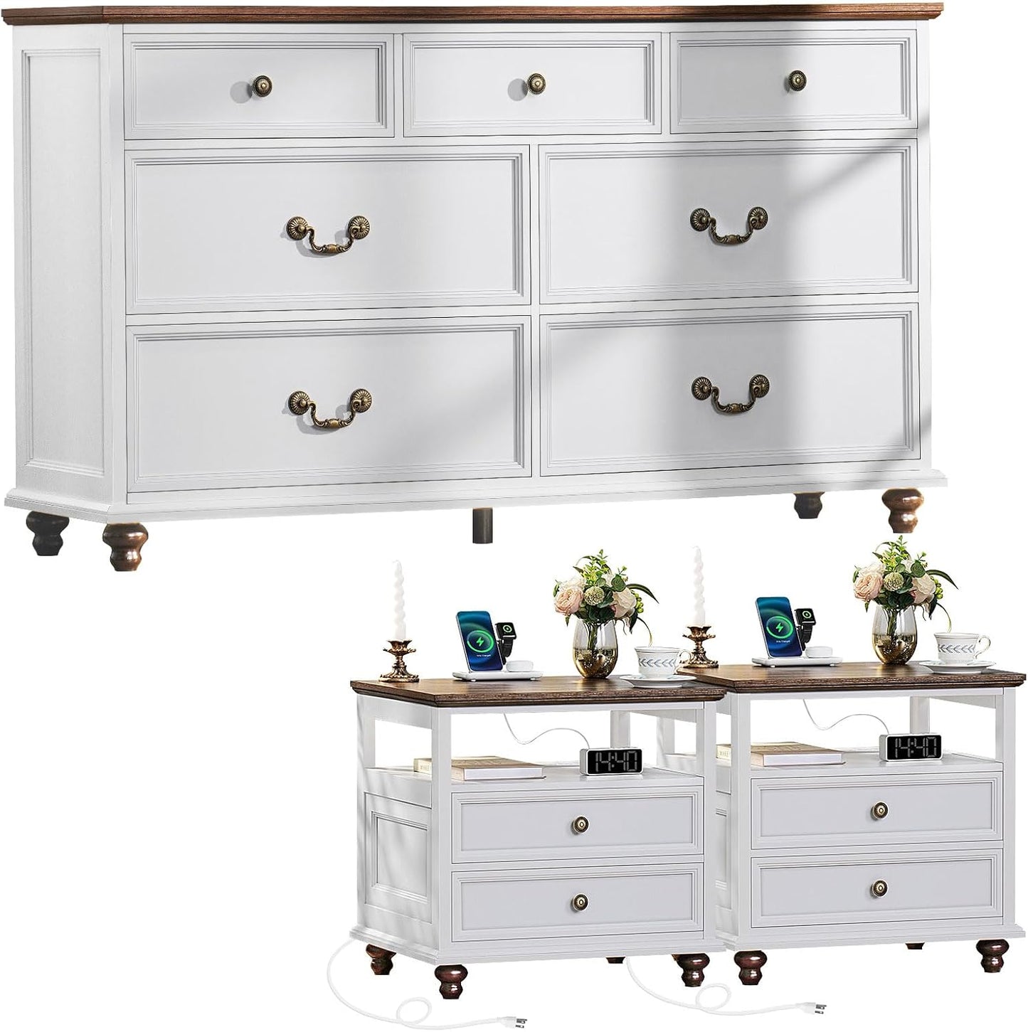 Joaxswe Farmhouse Dresser and Nightstand Sets 3 Piece, Nightstands Set of 2 and 7 Drawers Dresser for Bedroom, 54" Wide and 24" Inch Night Stand Set for Bedroom, Living Room, Hallway