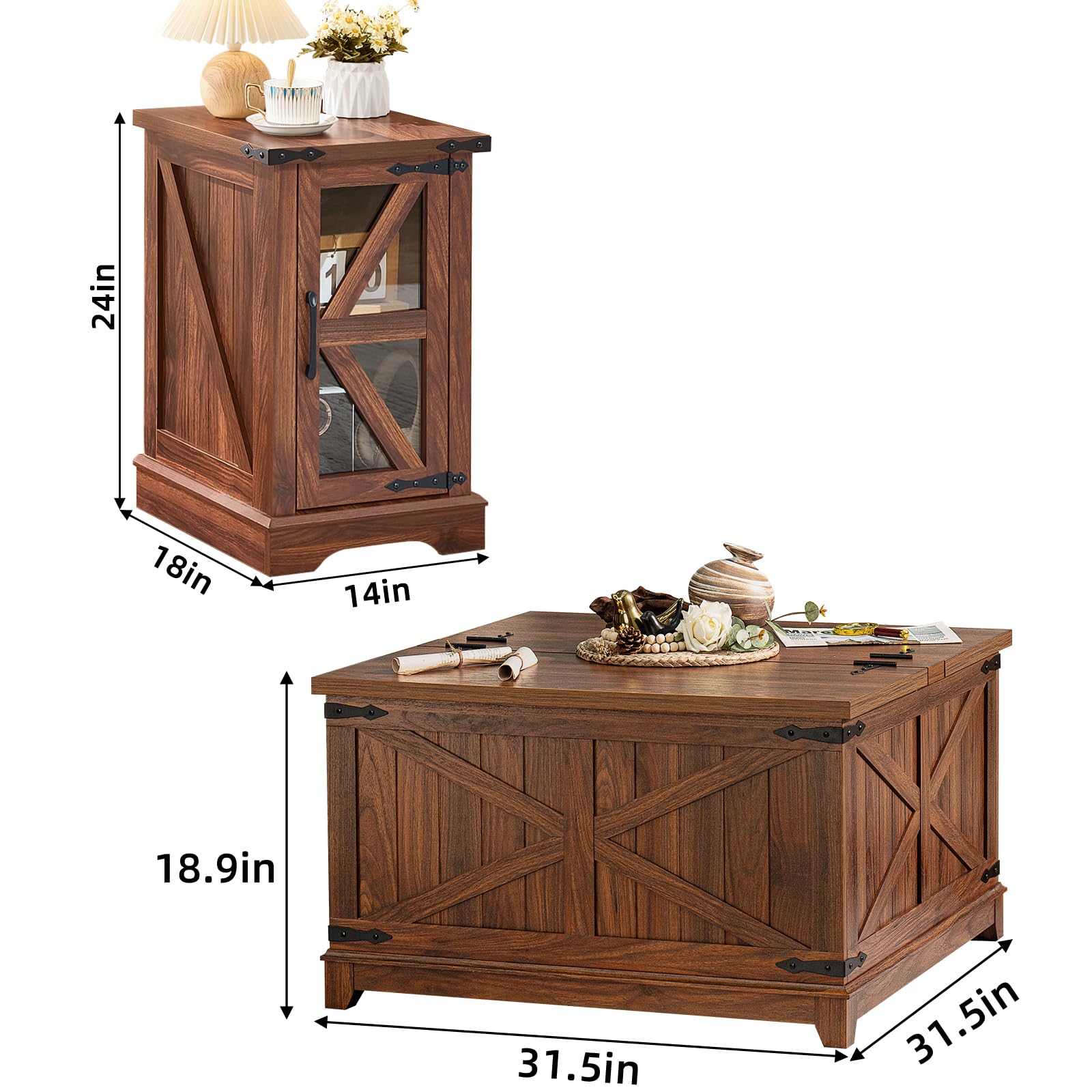 Brown wood lift-top coffee table with dimensions shown and side storage cabinet