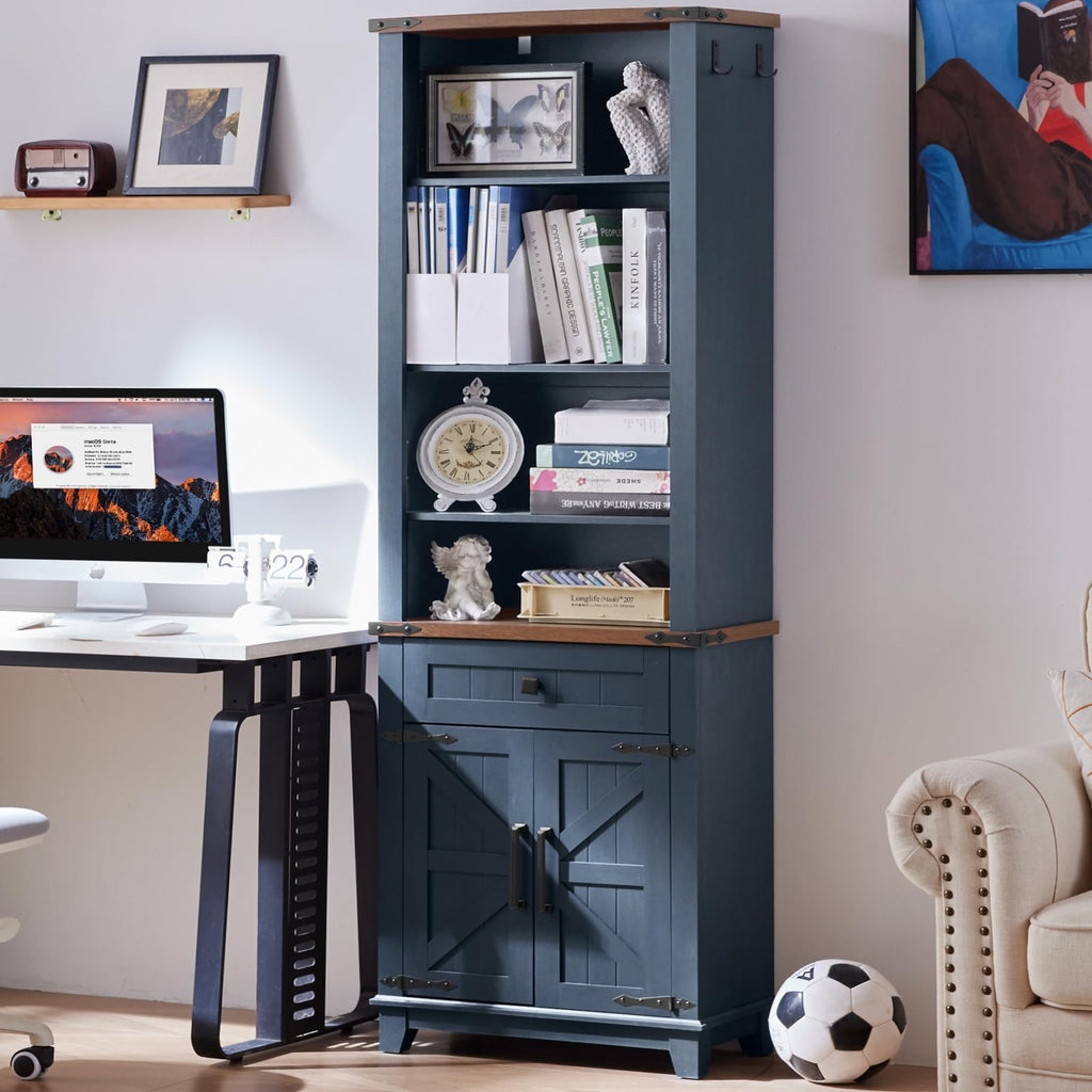 Dark blue farmhouse bookcase with open shelves, lower drawers, and cabinet barn doors