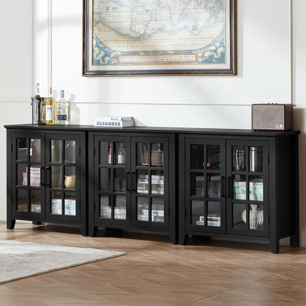 Black buffet sideboard cabinet with multiple glass doors and long countertop
