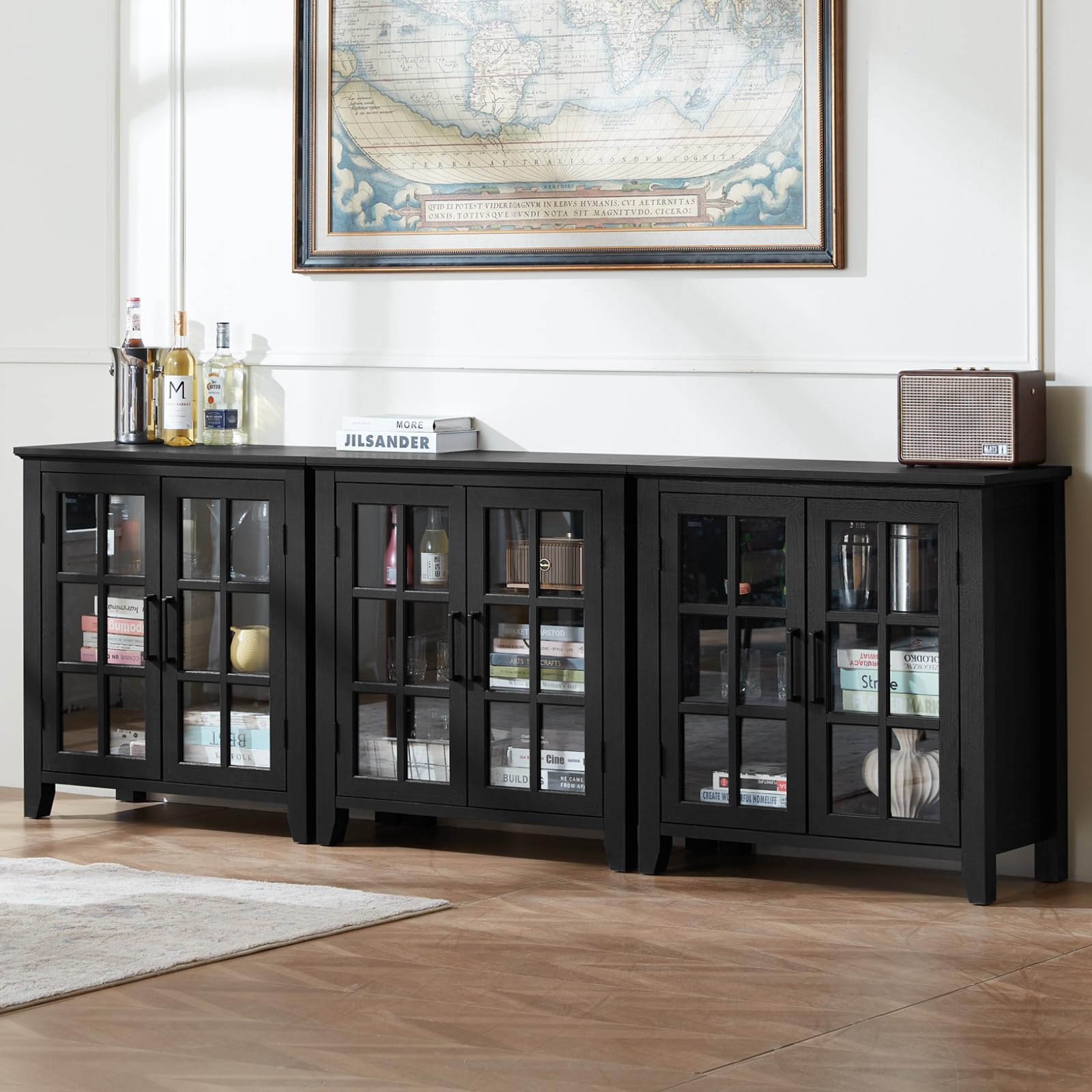 Black sideboard cabinet with glass-door shelves and two open-center compartments